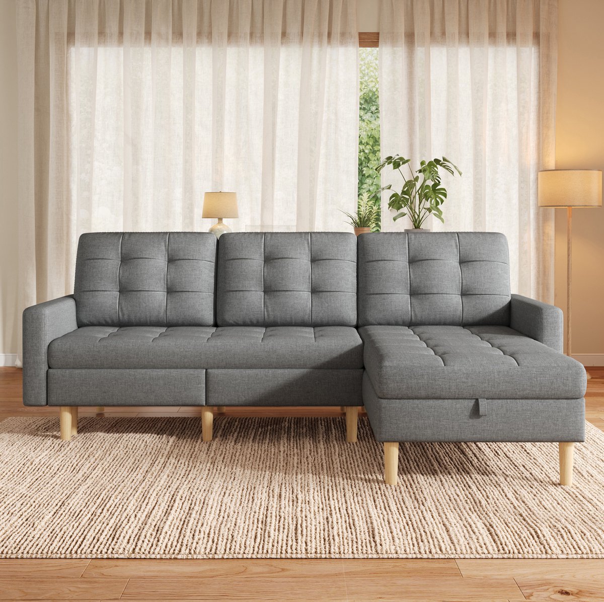 STILVORA Hoekbank 212 x 130 x 86 cm - Slaapbank Met Omkeerbare Chaise Longue En Dubbele Opbergruimte - Voor Woonkamer - Stof Grijs