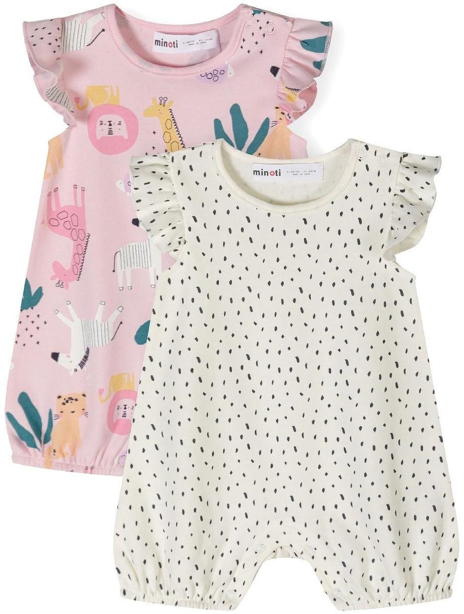 Minoti jumpsuit meisjes 2-pack safari en stippen - baby pak korte mouw