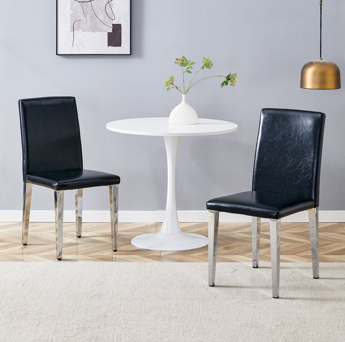 DESMIU Eetkamerstoel Set van 2 Zwart Zilver - Minimalistisch Design Met Zachte Kunstleren Zitting En Metalen Vierpoot - Voor Eetkamer En Woonkamer - Kunstleer Metaal - Zwart Zilver
