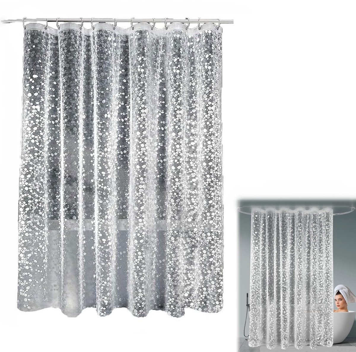 Douchegordijn Transparant voor Badkamer,3D Semi-transparant Badgordijn,3D Mat Badkamergordijn EVA,Eva Wasbaar Badgordijn Inclusief Douchegordijnringen
