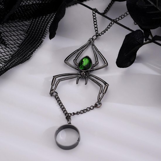 Handketting voor dames, gothic handsieraad van zwart metaal en groen kristal met ring, spinnen-handketting handdecoratie in donkere stijl voor damesmode — afbeelding 2