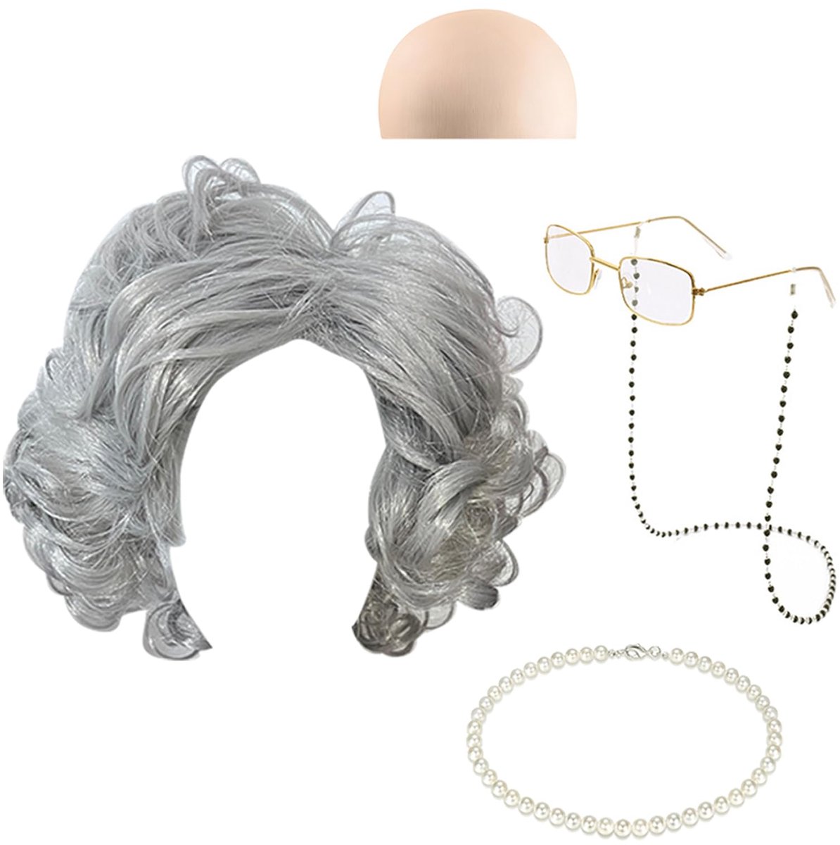 5 stuks Old Lady kostuumset, omapruik, oude damespruik, oude vrouwen, pruik met pruik, kap, oma, bril, brilketting, parelketting, oma, gepensioneerden, kostuum voor Halloween, oude dame