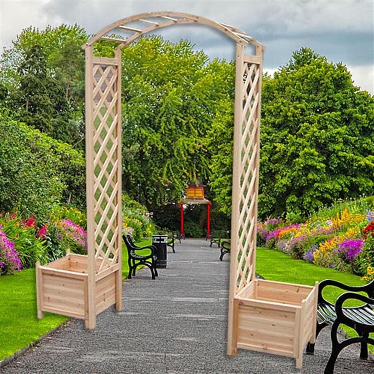 Houten Rozenboog - Klimhulp Pergola - Planten Steunen - Met Plantenbakken - 179x179x208 cm - Houtkleur