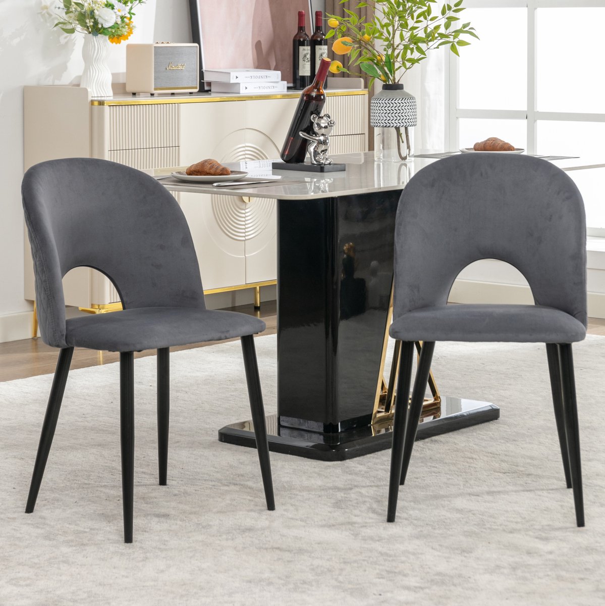 DESMIU Eetkamerstoel Set Van 2 Grijs Met Velvet Zitting En Metalen Onderstel Open Rugdesign Verstelbare Poten Voor Eetkamer