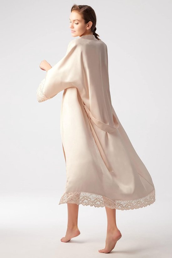 Dames ochtendjas, lang en kort model, effen badjas met kanten mouwen, van zijde satijn, kimono kleed, dames zomerjas, effen kleur, slaapjas, champagne, onesize grote maten — afbeelding 3