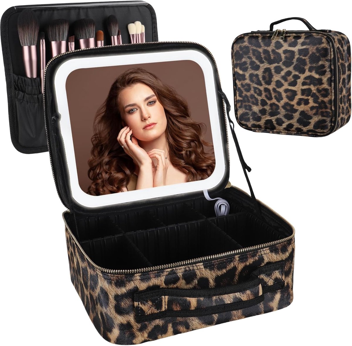 tas met ledverlichting, make-uptas, koffer, opbergen voor reizen, cosmeticakoffer, tas dames, make-upkoffer, cadeau voor vrouw, luipaardpatroon, middelgroot, luipaardmotief