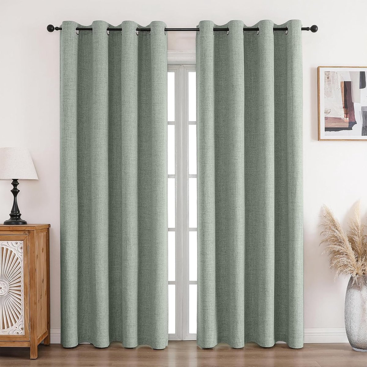 Gordijnen, 100% ondoorzichtig, linnen, met ringen, verduisteringsgordijnen, grijs-groen, 300 x 167 cm (h x b), set van 2, thermogordijn, koudebescherming, geluidsisolatie, gordijn voor