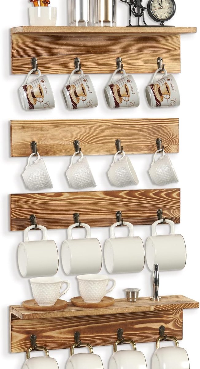 bekerhouder, hangend rek met 16 haken voor koffiekopjes, set van 4 van hout, ideaal voor keuken, pauzetijd en hal