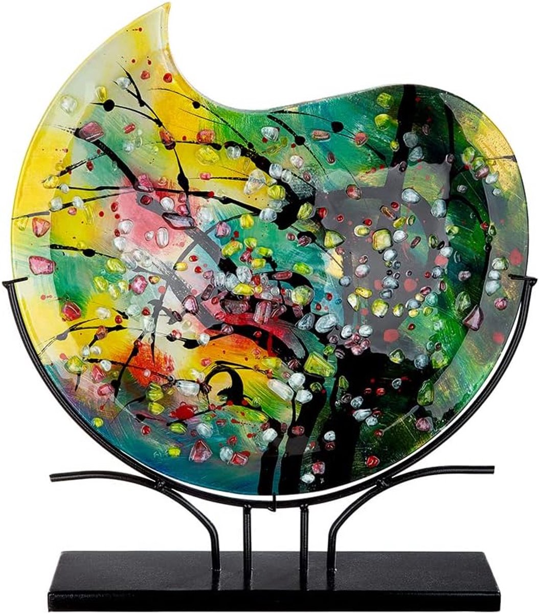 GLAS art decoratieve vaas rond - handgeschilderd - op zwarte metalen voet - hoogte 50 cm, meerkleurig, 39298