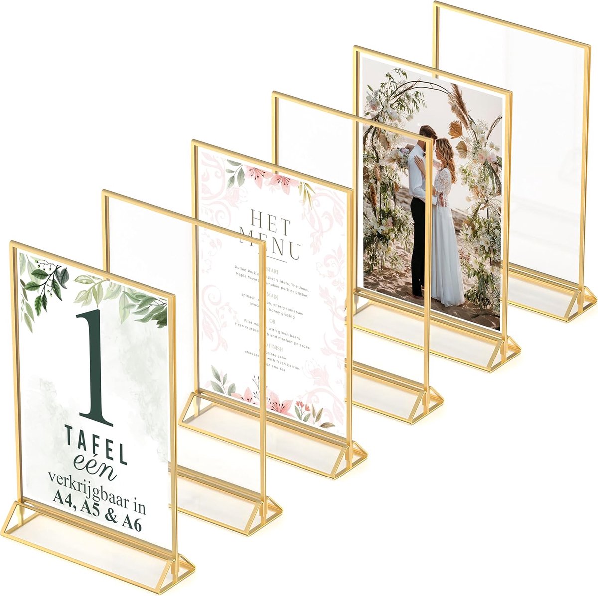 fotolijsten dubbelzijdig - 6 stuks - A4 acryl gouden tafelnummerhouders, duidelijke ezel tafelstandaards voor kaarten, frames voor bruiloft tafelnummers, menuhouder, luxe lijst