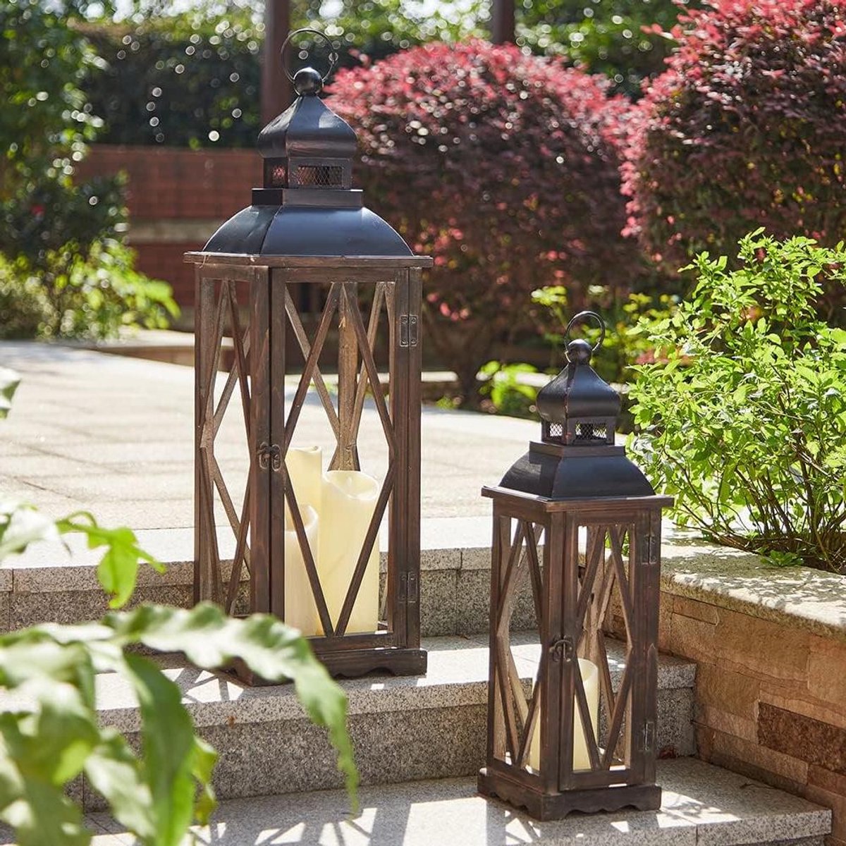 Decoratieve Kaars Lantaarns - Houten Lantaarn Set - Huis Verlichten - Boerderij Stijl - Set van 2 - Zwart