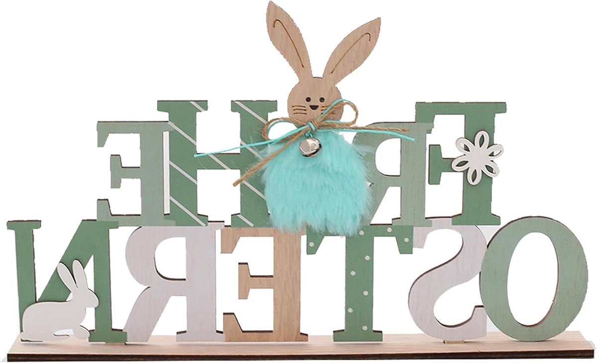 Paashaas Decoratie - Paasdecoratie Hout - Feestelijke Sfeer Creëren - Met Houten Opschrift - 30 x 16 x 4 cm