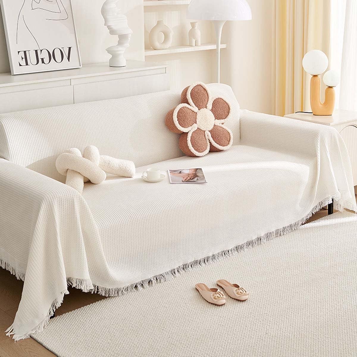 Sofa Plaid - Bankkleed Sprei - Meubels Decoreren - Wafelpatroon met Franjes - 180x260cm - Off-white