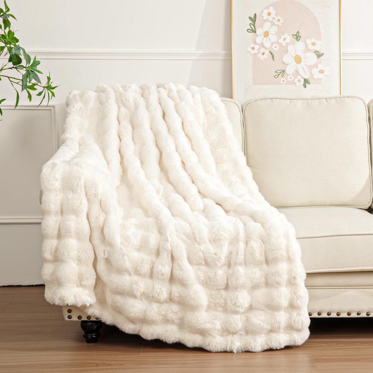 Zachte Pluche Fluffy Dekentje 50x60 inch, Warm en Dikke 710GSM Cozy Bubble Fur voor Bed, Bank en Woondecoratie, Beige