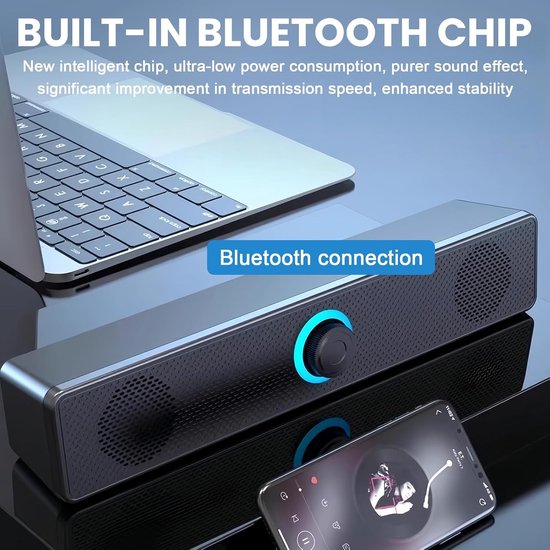 Compacte PC Soundbar met Bluetooth 5.0 en 3.5mm Aansluiting voor Laptop, Monitor en TV — afbeelding 3