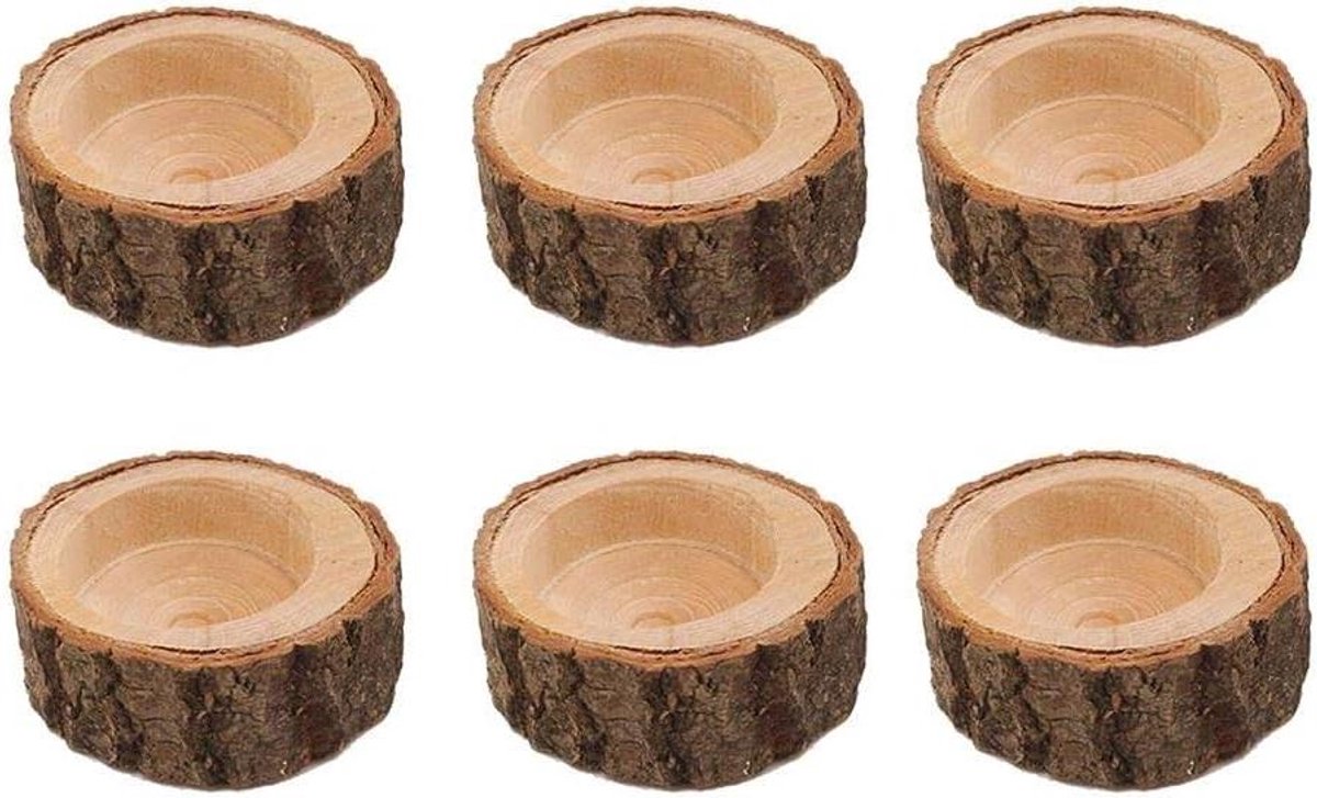 Houten Kaarsenhouder - Theelicht Houder - Sfeerverlichting Creëren - Natuurlijke Boomtak Stijl - Set van 6 - Houtkleur