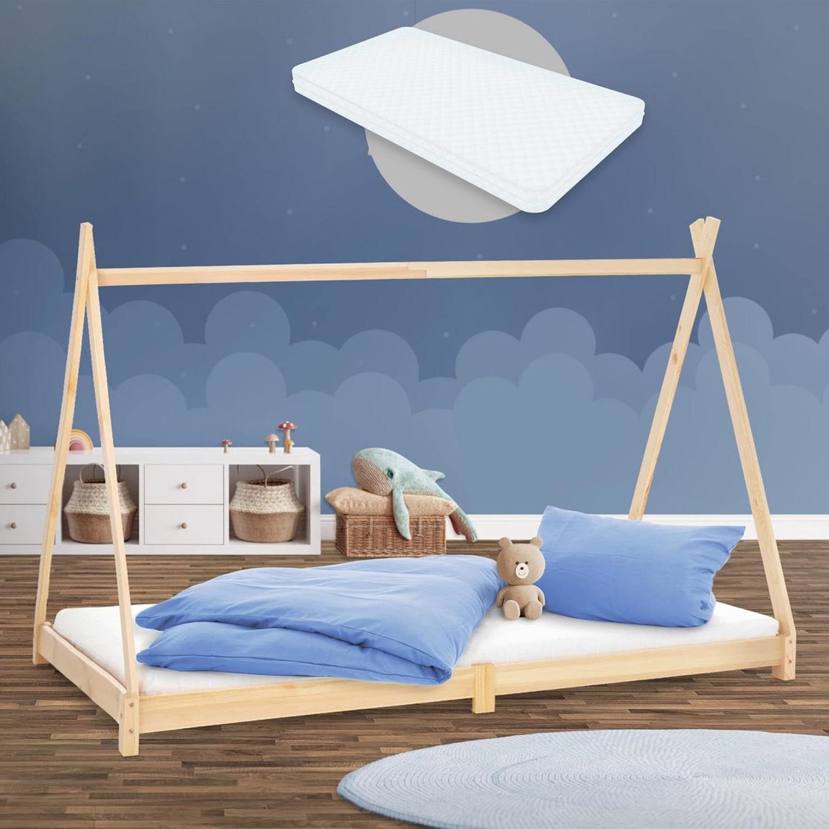 Kinderbed huisje - Speelbed tipi - Dromen en spelen - Massief hout - 90x200 cm - Naturel