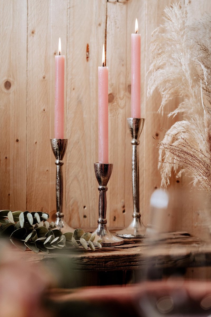 Kandelaars, 3-delige set kandelaars, aluminium, zilver, decoratie, modern, voor staafkaarsen, tafeldecoratie, bruiloft, decoratie woonkamer, H 18, 23 en 28 cm