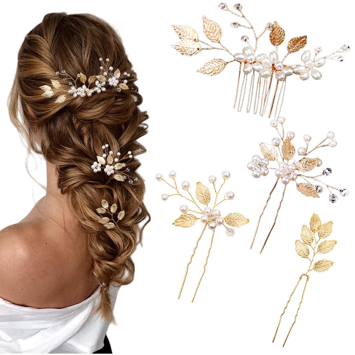 Haarspelden voor bruid, gouden bladeren, kristallen parels, vintage, haaraccessoires, sieraden met strass, voor bruiden, bruidsmeisjes (4 stijlen)