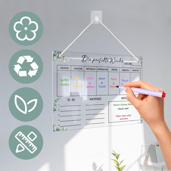 Weekplanner afveegbaar, wekelijkse planner magnetisch acryl, wekelijkse voedingsplanner, 30 x 20 cm, whiteboard met 6 wissermarkers, 1 haak, wit koord, weekplannerbord — afbeelding 2