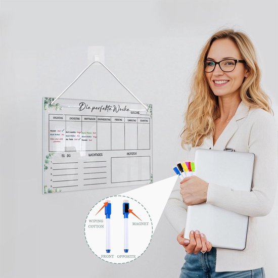 Weekplanner afveegbaar, wekelijkse planner magnetisch acryl, wekelijkse voedingsplanner, 30 x 20 cm, whiteboard met 6 wissermarkers, 1 haak, wit koord, weekplannerbord — afbeelding 3
