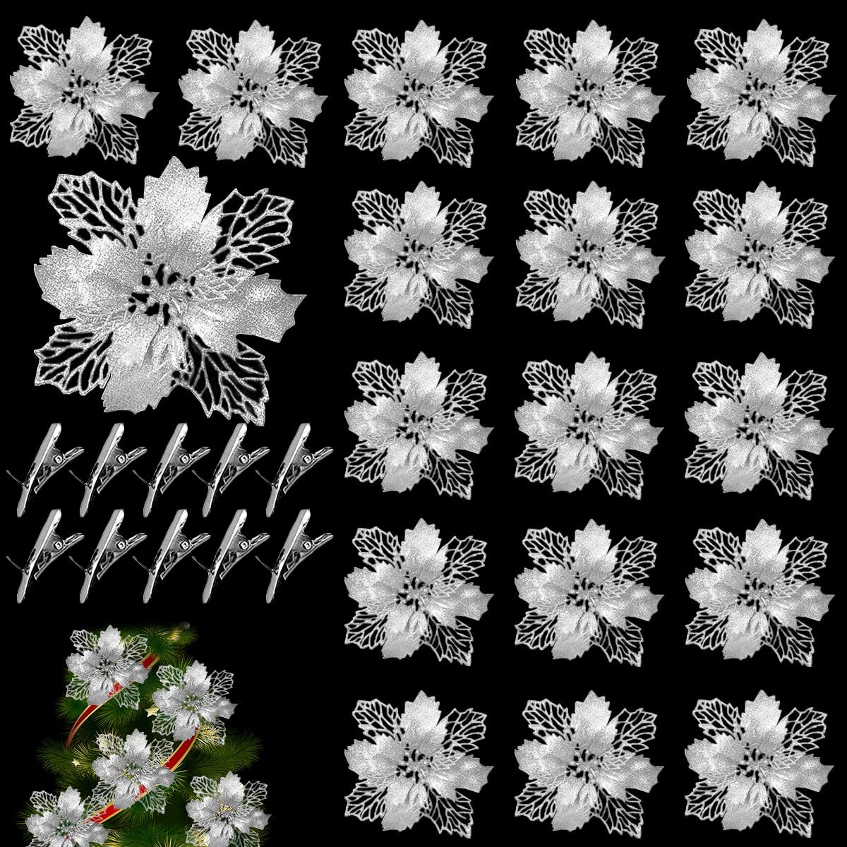 Kerststerren met pailletten, kerststerren, kunstkerststerren, kunstkerstbloemen, decoratie, kerstboom, decoratie voor kunstbloemen, decoratie (zilver)