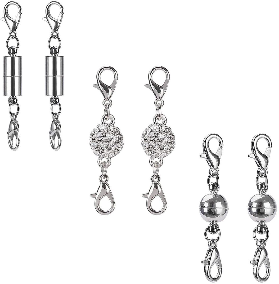 sieraden, magneetsluitingen voor kettingen, magnetische karabijnsluiting, voor armband en halsketting, sieraden maken, bevat drie (6 stuks, zilver)