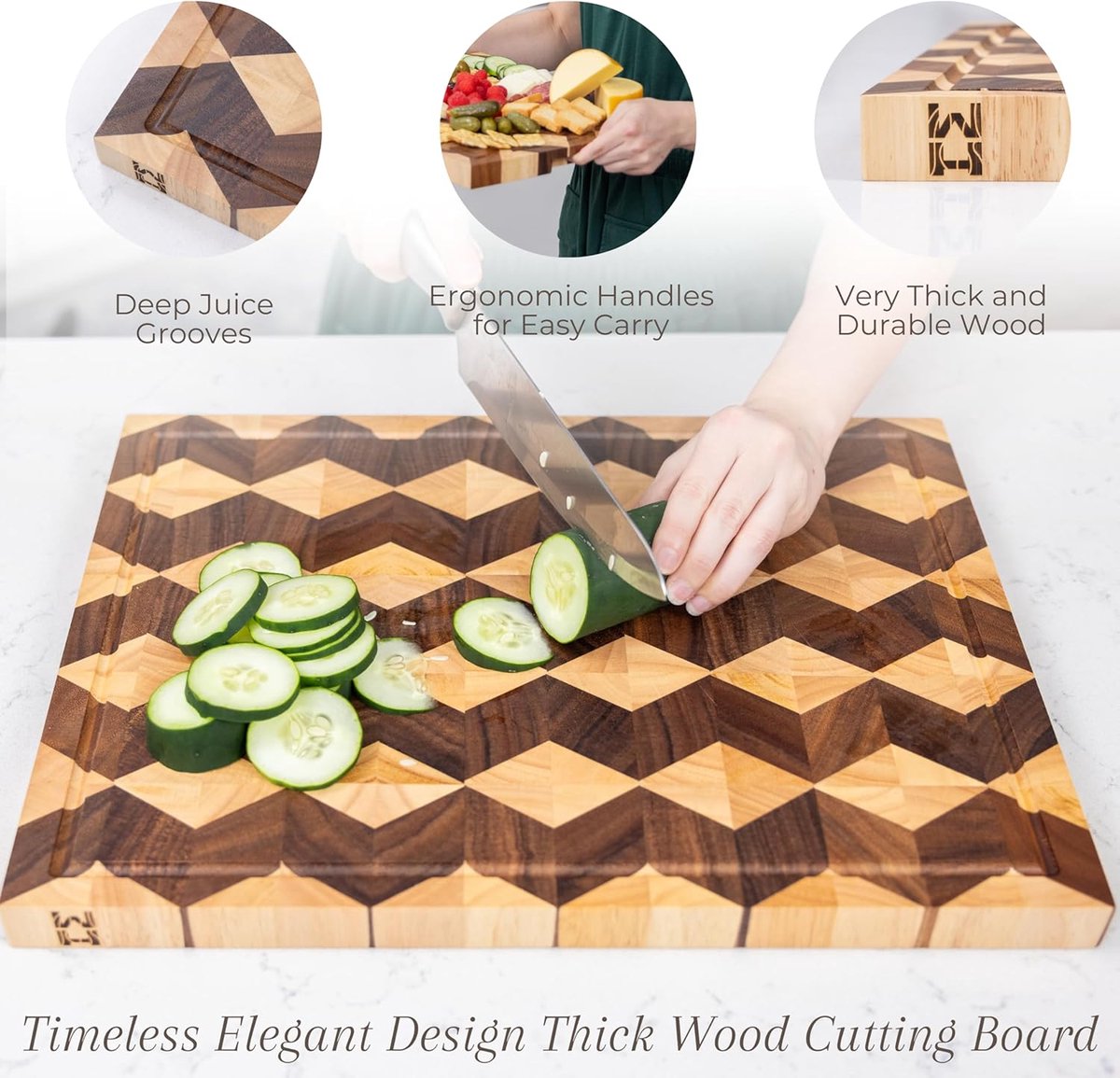 Snijplank Walnoot Hout - Hakplank Kaasplank - Keuken Voorbereiding - End Grain Ontwerp - 38x28x2.5 cm - Natuurlijk Hout — cadeau in Kookcadeaus - foto 7