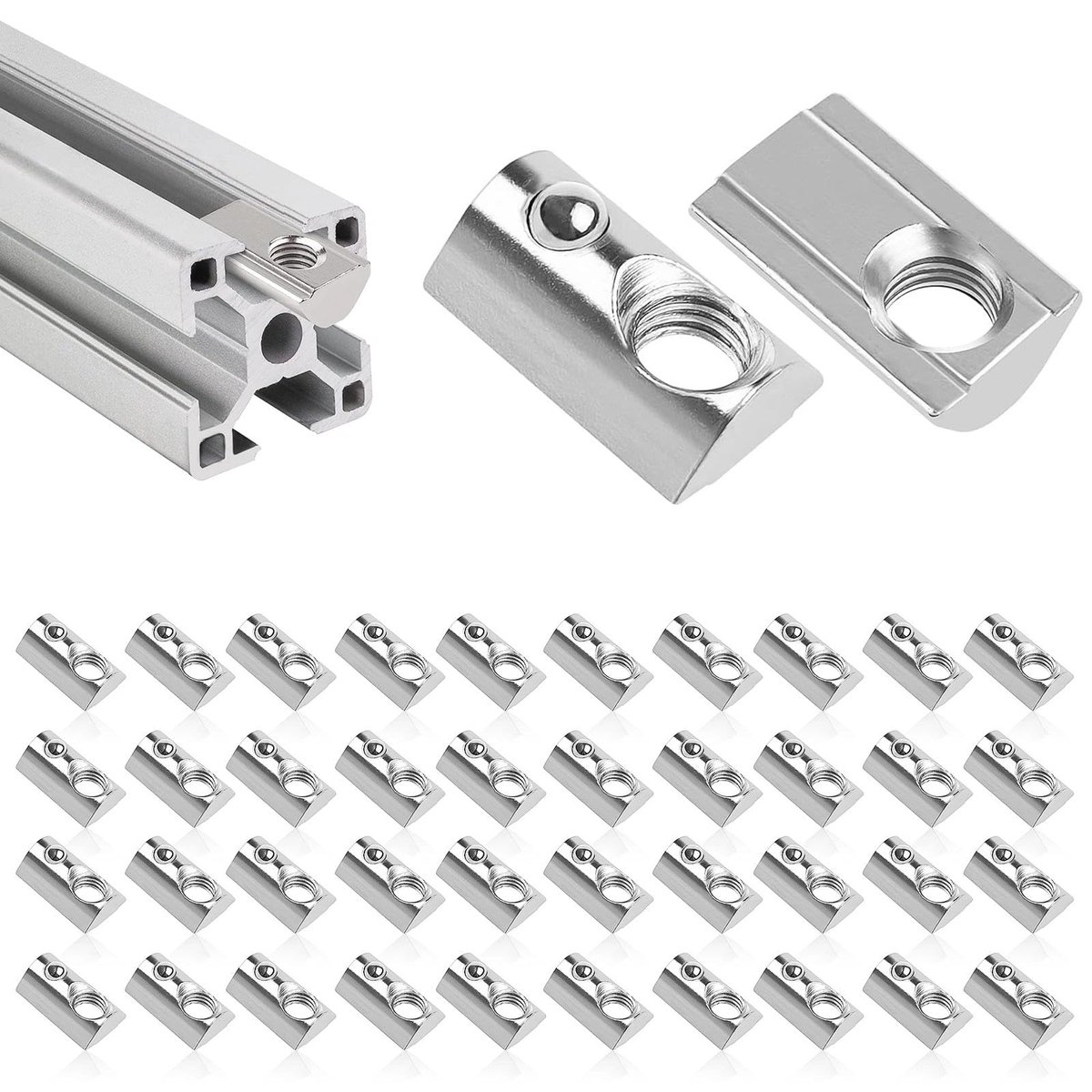 40 x groefmoeren M6 - schuifmoeren M6, glijmoer met veerkogel, vernikkeld koolstofstaal, geschikt voor aluminium profielen van 40 mm