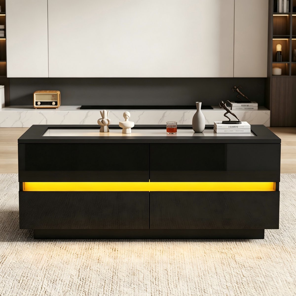 MIVRAY Salontafel - Met 4 Lades En LED Verlichting - Voor Woonkamer Met Gehard Glas En Hoogglans Fronten - Zwart - 100x50x40 Cm
