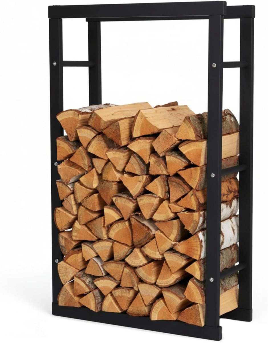 Haardhoutrek - Houtopslag Rek - Haardhout Opslaan - Stabiel Metalen Frame - 40 x 25 x 100 cm - Zwart