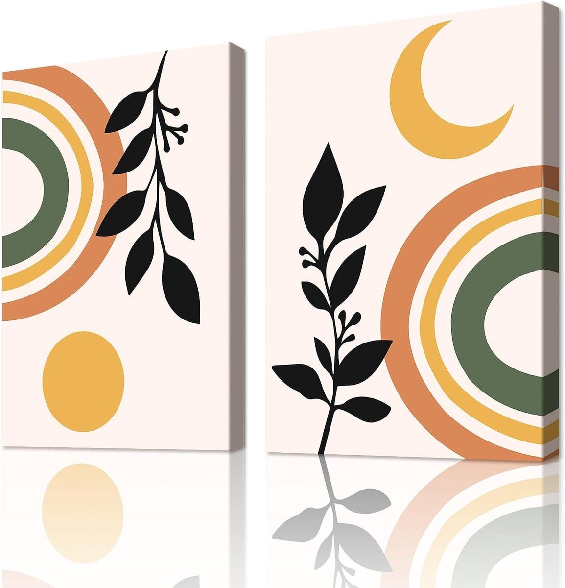 Abstracte Geometrische Kunst - Canvas Schilderij Botanisch - Woonkamer Decoratie - Ingelijst Houten Frame - 40x60cm x2 - Kleurrijk