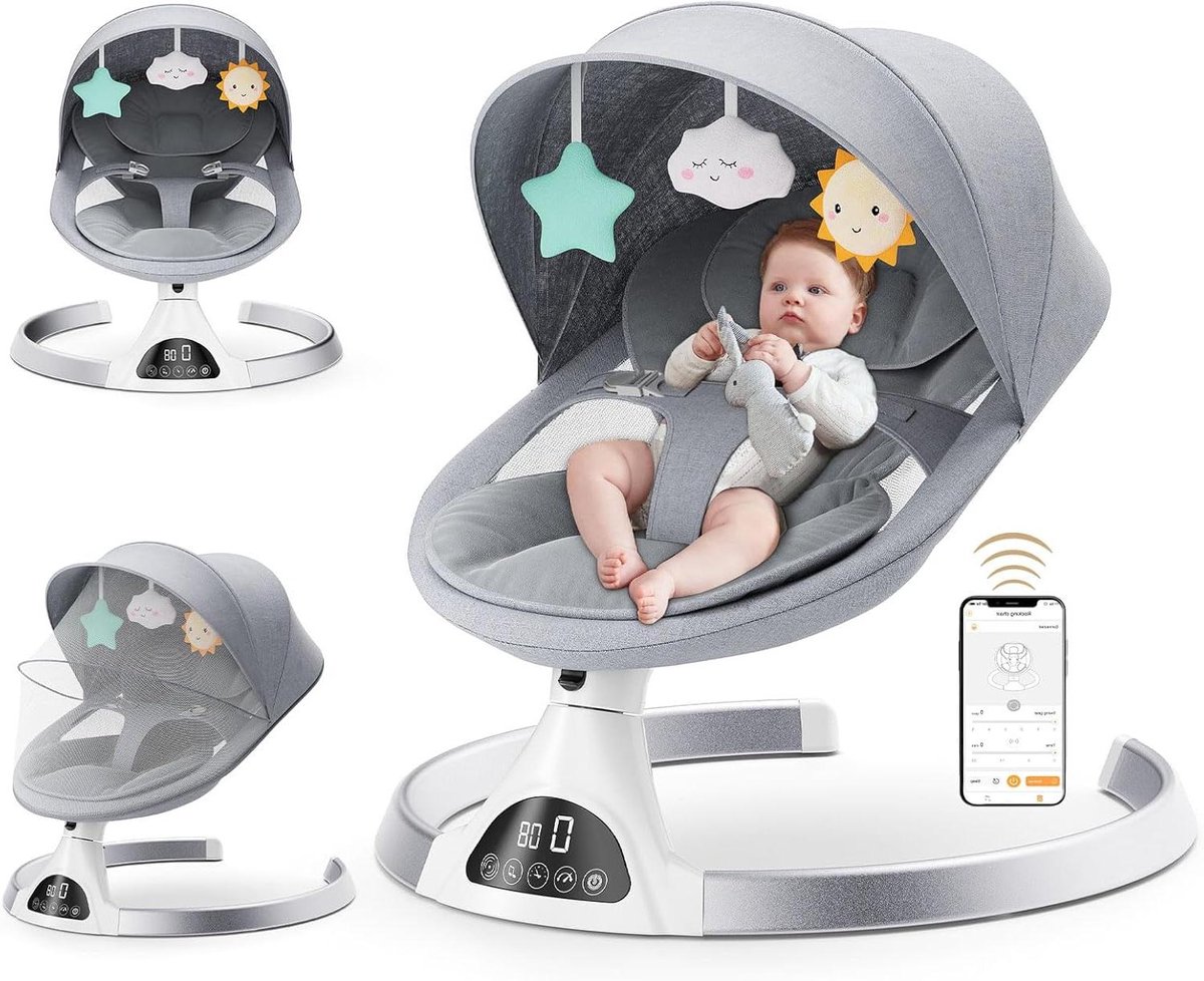 Elektrische Baby Schommel - Babywipper Schommelstoel - Baby Vermaken - App en Afstandsbediening - Tot 9 kg - Grijs