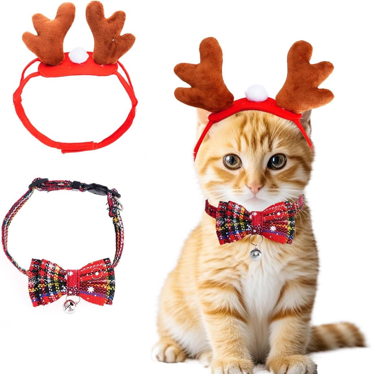 Kerstkostuum Kat - Rendier Hoofdband Halsband - Feestelijke Fotoshoot - Met Rinkelende Belletjes - Verstelbaar - Rood