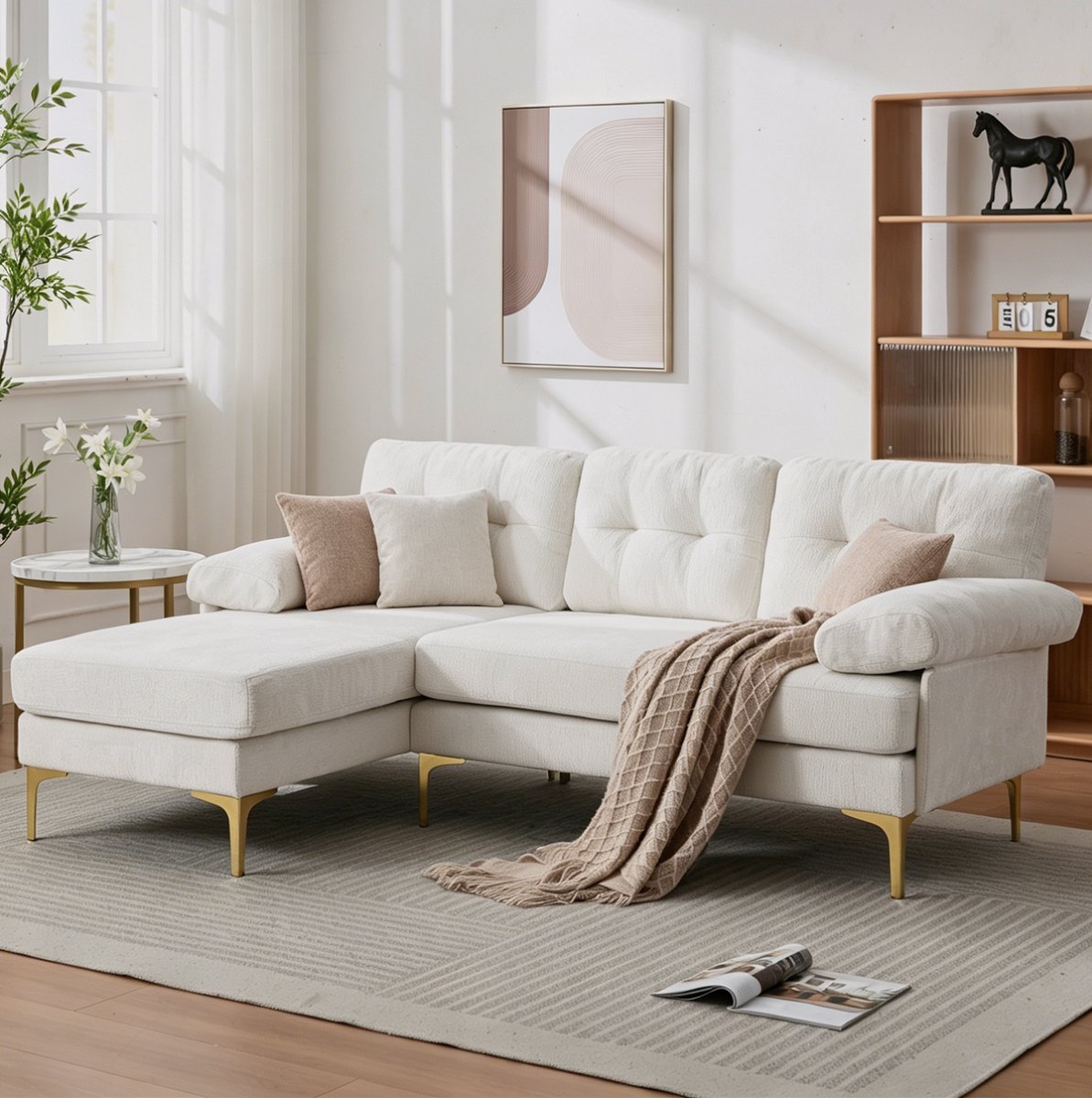 STILVORA Hoekbank 187,5 cm - Omkeerbare Chaise Longue Links En Rechts - 3-Zits Voor Woonkamer - Chenille - Beige
