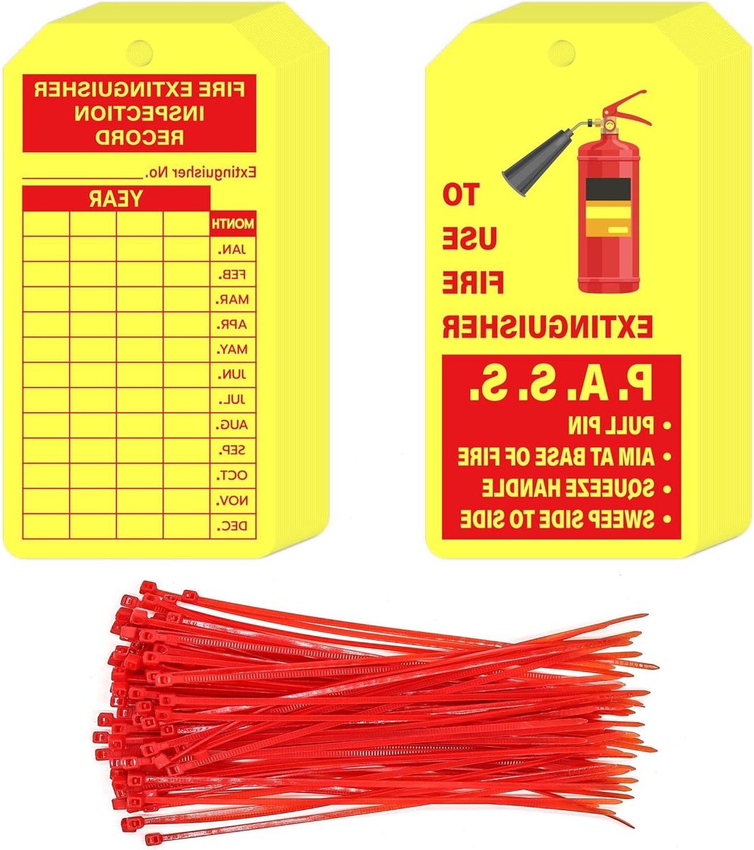 Brandblusser Etiketten - Inspectie Hangers - Veiligheidscontrole - Verstelbare Draadbanden - 107 x 53 cm - Geel