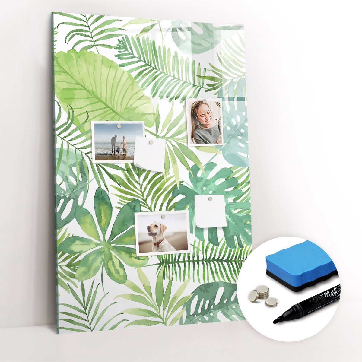 Tulup Whitebord - Aquarel bosbladeren - 60 x 90 cm - Groente Magnetisch Memobord - Gratis 5 Sterke Magneten + Whiteboard Marker & Wisser - Stylish Memo Board - Memobord Glas - Planning Muur