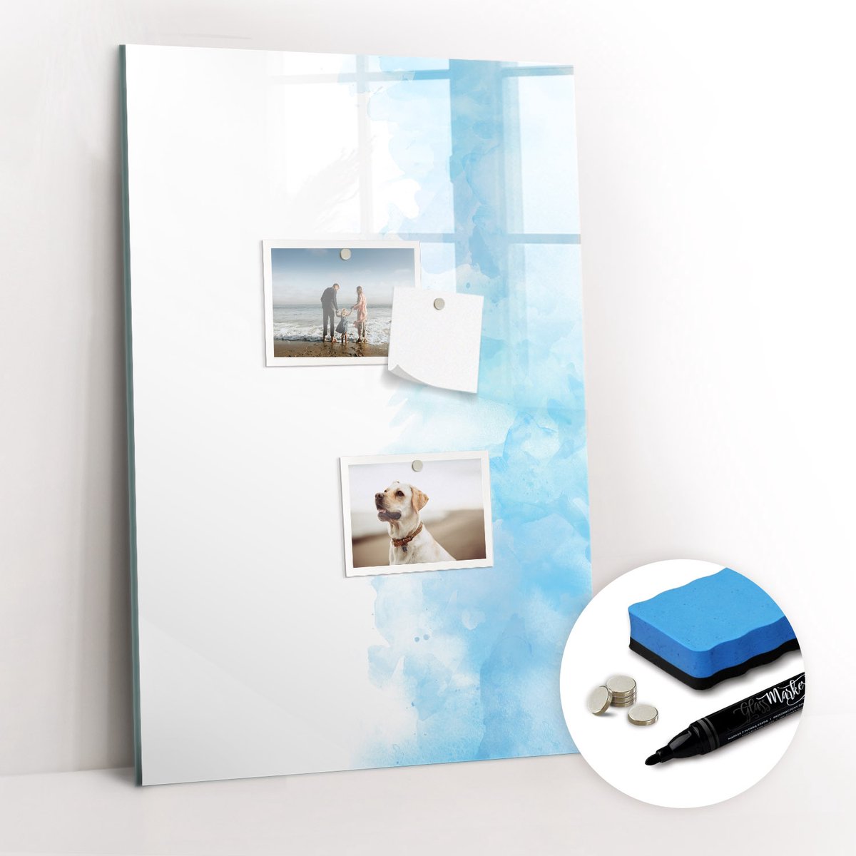 Tulup Whitebord - Aquarelvlekken - 40 x 60 cm - Blauw Magnetisch Memobord - Gratis 5 Sterke Magneten + Whiteboard Marker & Wisser - Scandinavisch Design Bord - Memobord Glas - Notitiebord Werkplek