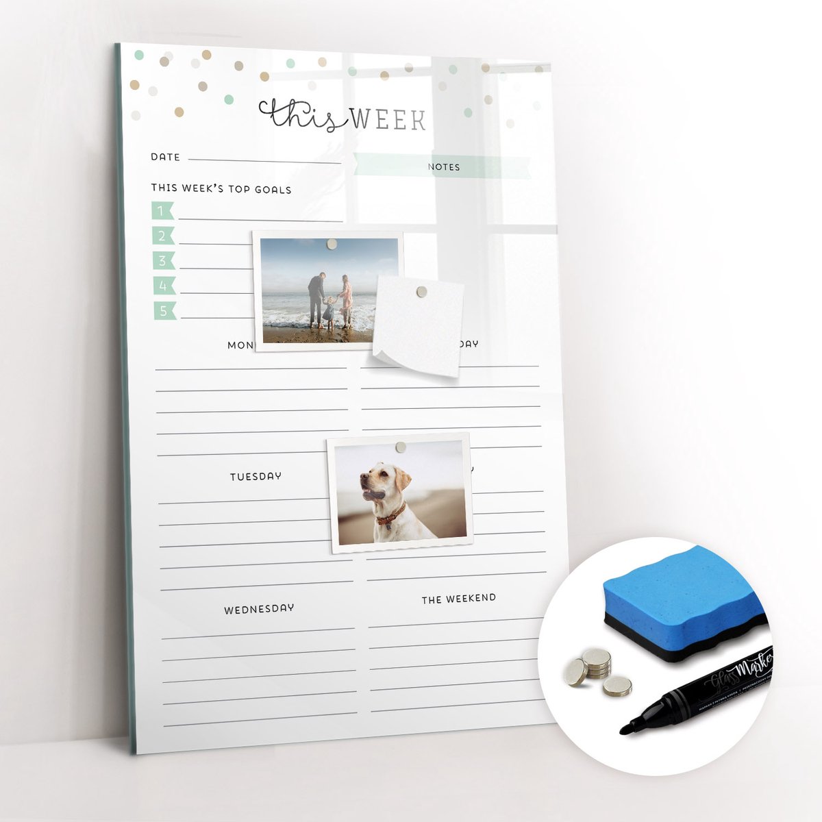 Tulup Whitebord - Wekelijks schoolrooster - 40 x 60 cm - Wit Memobord Glas - Gratis 5 Sterke Magneten + Whiteboard Marker & Wisser - Minimalistisch Prikbord - Magnetisch Bord - Notitiebord Werkplek