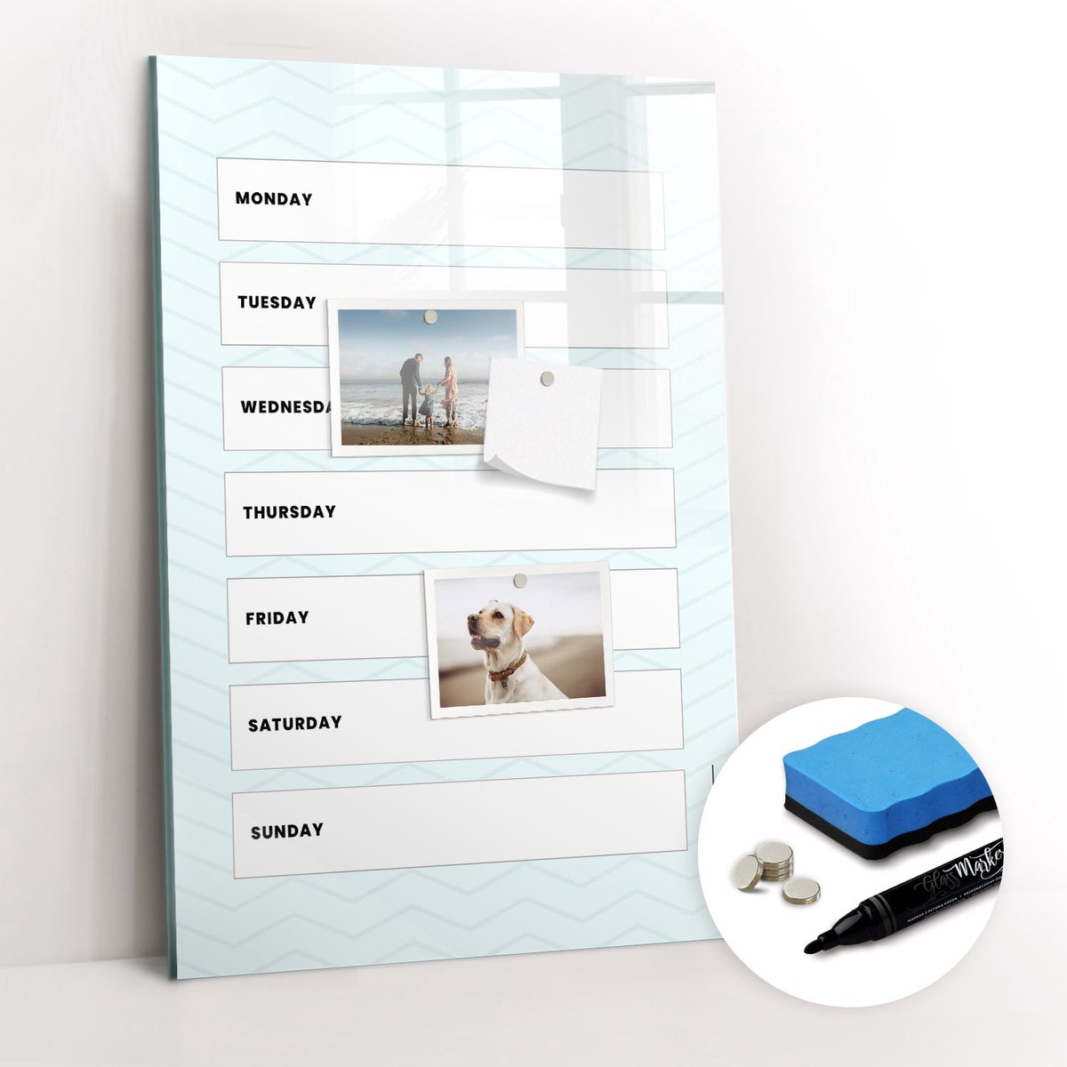 Tulup Whitebord - Weekplanner - 40 x 60 cm - Blauw Memobord Magnetisch - Gratis 5 Sterke Magneten + Whiteboard Marker & Wisser - Stylish Memo Board - Memobord Glas - Planning Muur