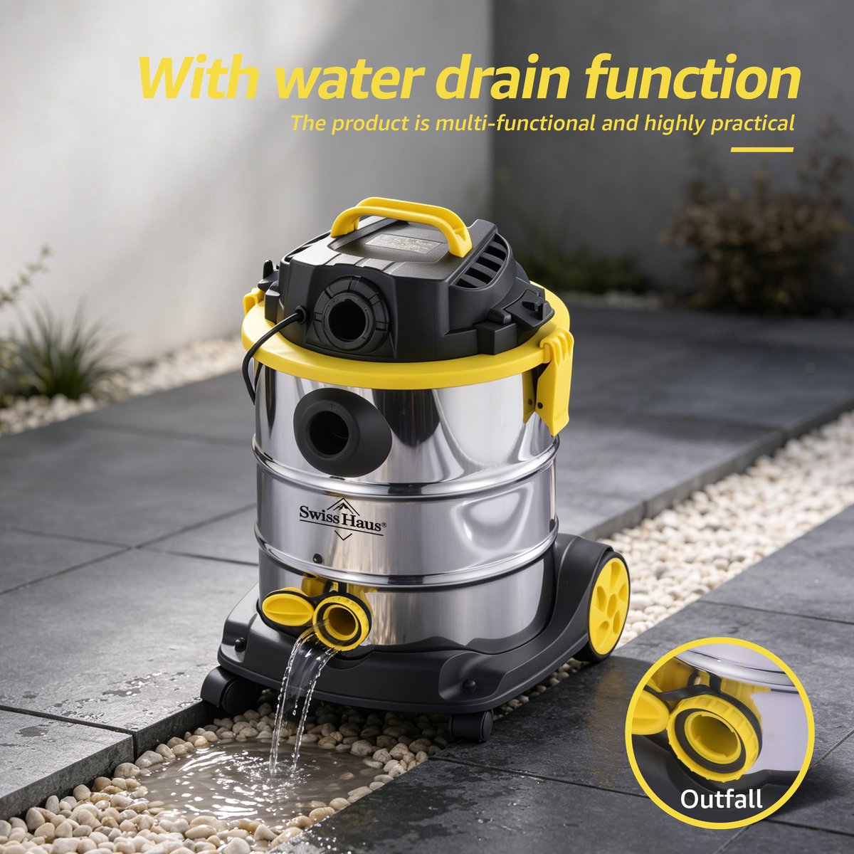 Swiss Haus® WDVC25 Nat & Droog Stofzuiger - 25L - 1200W Nat- en Droogzuiger - RVS Ketel - HEPA Filtersysteem - Blaasfunctie - Waterafvoer - Industriële Bouwstofzuiger - Lugano Collection – foto 2