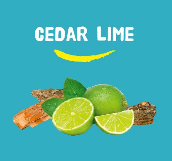 Cederhout en limoen, ingrediënten voor Happy Earth deodorant. Met schijfjes en stukjes van de vrucht en bast.