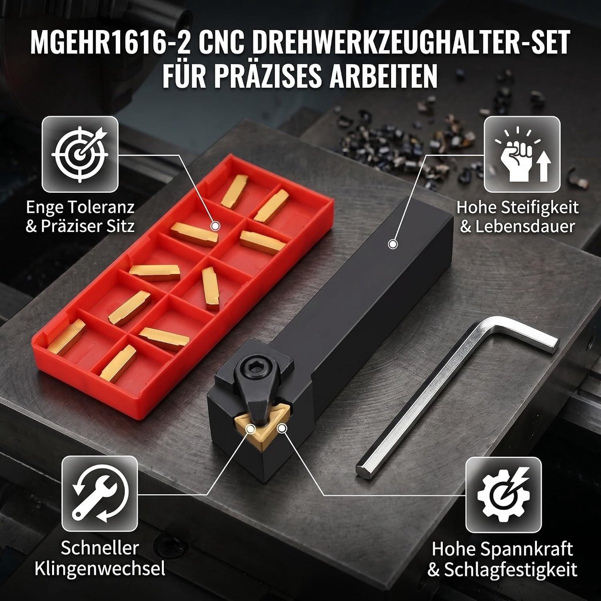 CNC Draaigereedschap Houder 100mm met 10 MGMN200-G Inserts en Sleutel voor Precisiewerk