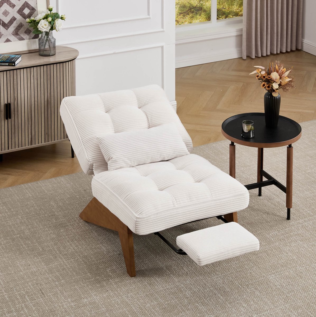 DESMIU Relaxfauteuil 127 x 73 x 90 cm - Handmatig Verstelbaar Met Voetsteun - Voor Woonkamer, Slaapkamer En Studeerkamer - Corduroy Beige
