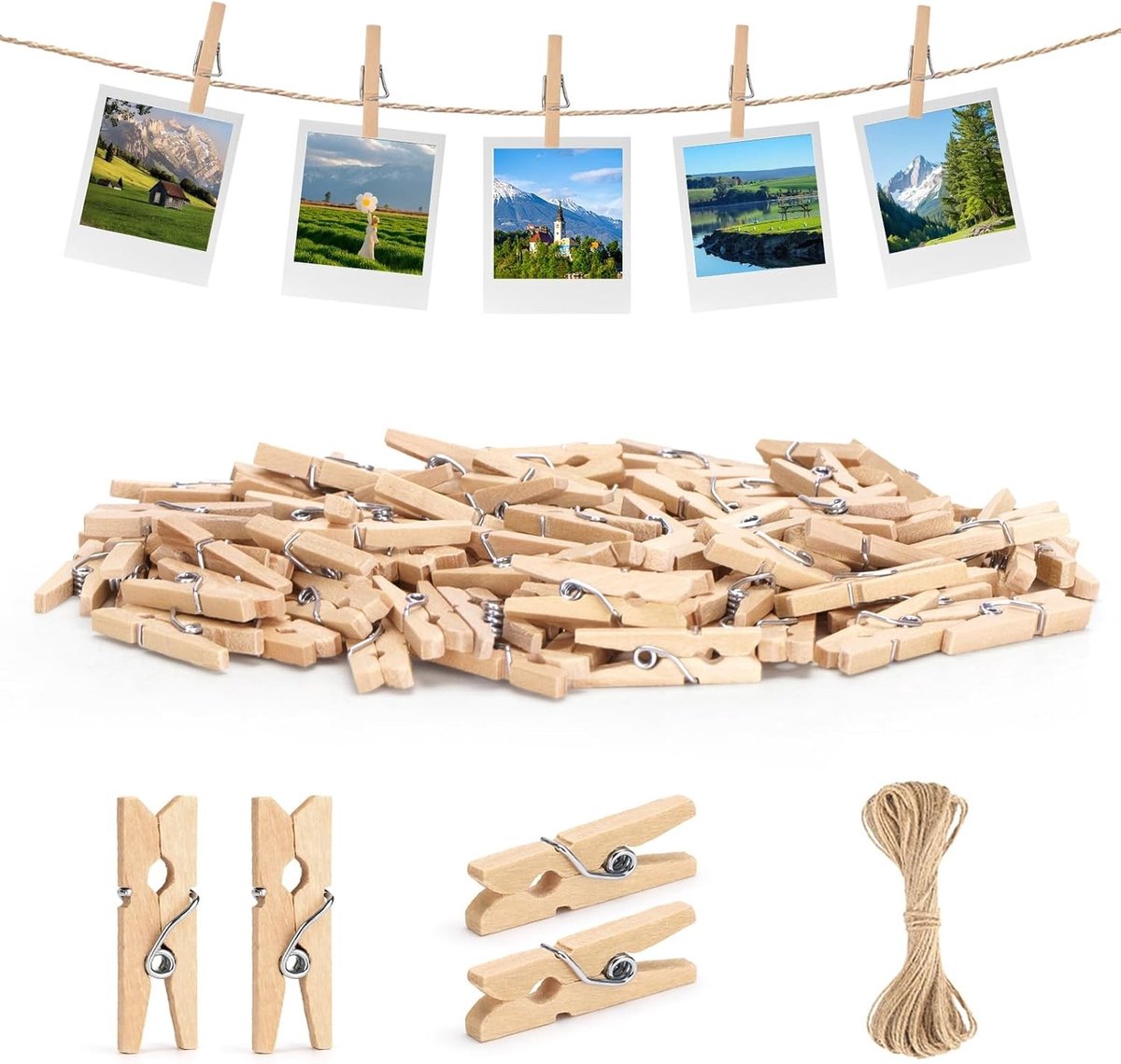 Pack van 100 Mini Houten Klemmen van 2,5 cm met 10 m Jute Touw, Decoratieve Clips voor Foto's, Knutselen en Cadeauverpakking