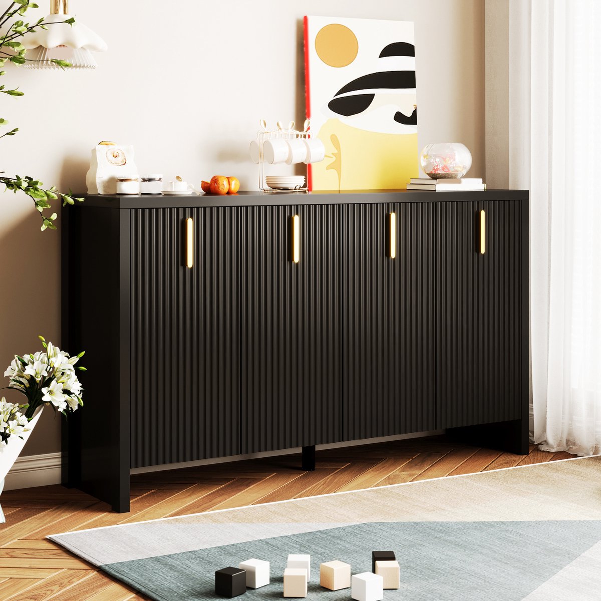 COVREO dressoir 140 x 38 x 80 cm - 4 deuren, verstelbare planken, zwart