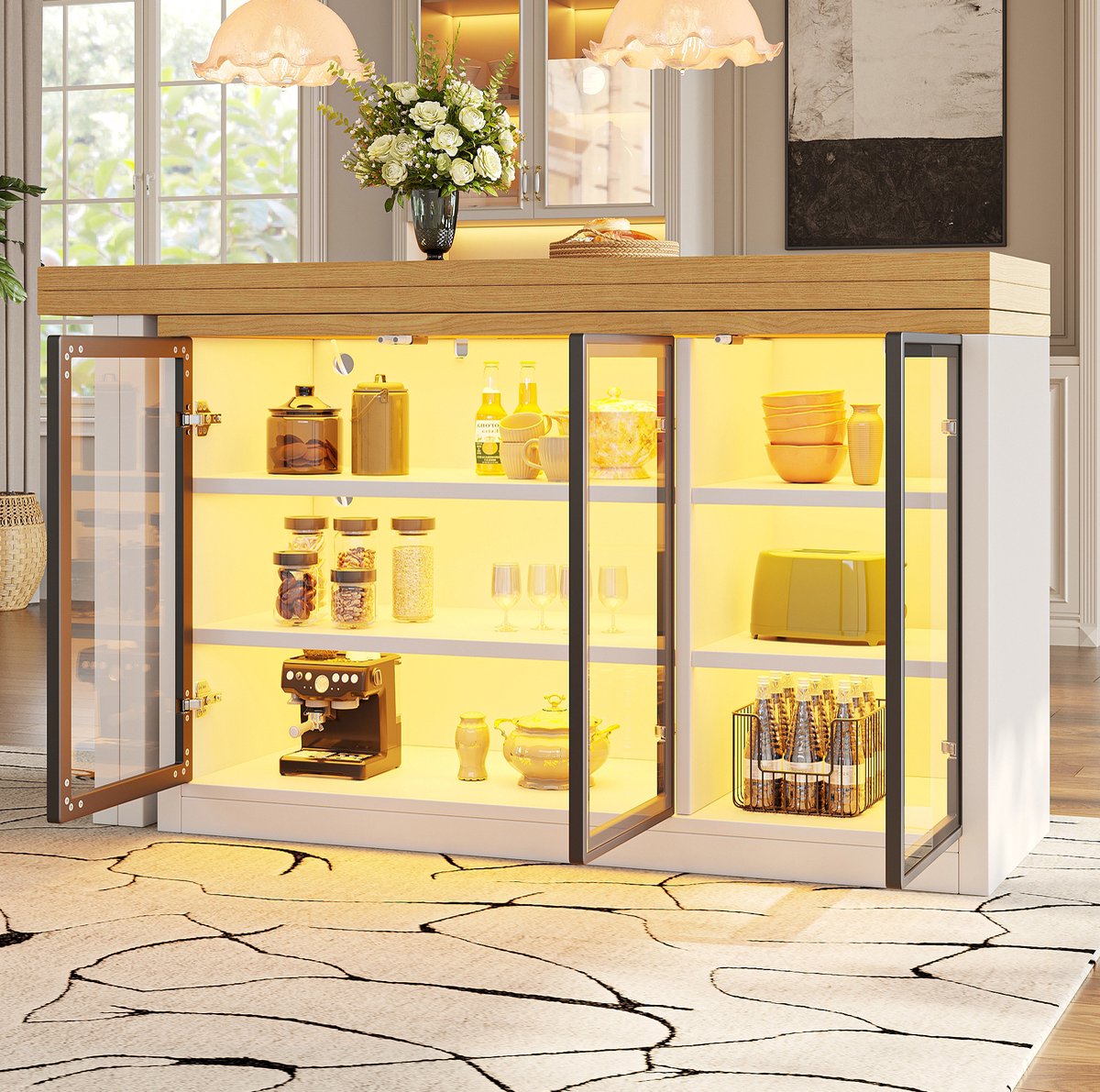 OKWISH Eettafel - Uitschuifbaar En 360 Graden Draaibaar - Met Opbergkast En Verlichting - MDF En Glas Wit - 120-197 Cm