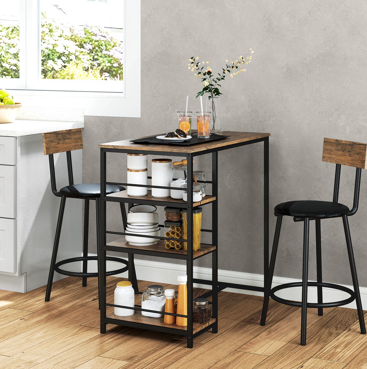 MIVRAY Bartafelset 90 x 50 x 90,5 cm - Met 2 Barkrukken En 3 Zijplanken - Voor Keuken En Eethoek - Hout En Metaal - Eik En Zwart