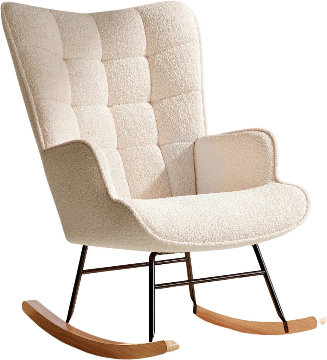 Noventra Schommelstoel - Luxe Relaxstoel - Fauteuil met Schommelfunctie - Crème - Ergonomische Loungestoel - Houten Schommelpoten - Comfortabele Leesstoel - Scandinavisch Design