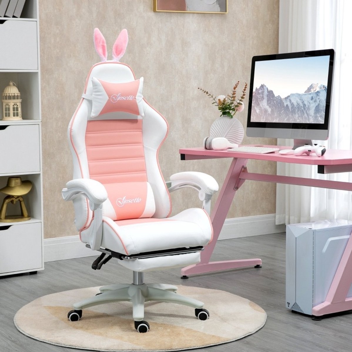 DESMIU Gamingstoel 65 x 63 x 136-142 cm - Verstelbare Zithoogte, Tot 135 Graden Kantelbaar Met Voetsteun - Voor Gamekamer En Kantoor - Kunstleer Roze
